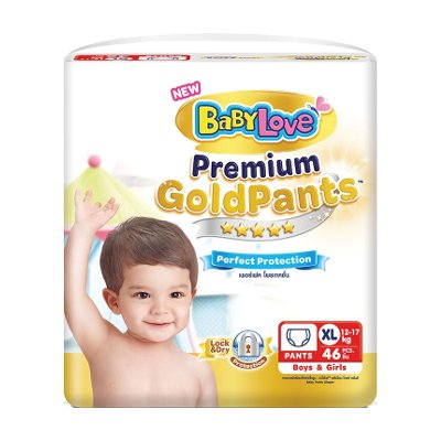 เบบี้เลิฟ พรีเมี่ยม โกลด์ แพ้นส์ กางเกงผ้าอ้อม ขนาด XL 12-17 กก. 46 ชิ้น (BabyLove Premium Gold Pants Diapers Size XL 12-17kg 46pcs)