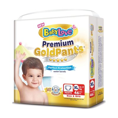 เบบี้เลิฟ พรีเมี่ยม โกลด์ แพ้นส์ กางเกงผ้าอ้อม ขนาด XL 12-17 กก. 46 ชิ้น (BabyLove Premium Gold Pants Diapers Size XL 12-17kg 46pcs)