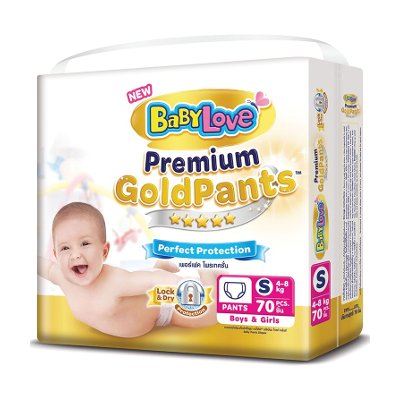 เบบี้เลิฟ พรีเมี่ยม โกลด์ แพ้นส์ กางเกงผ้าอ้อม ขนาด S 4-8 กก. 70 ชิ้น (BabyLove Premium Gold Pants Diapers Size S 4-8kg 70pcs)