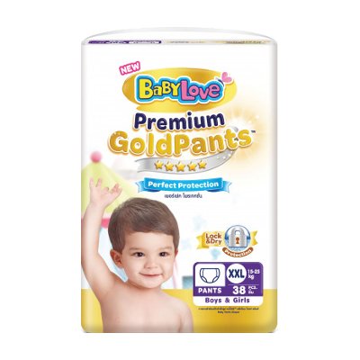 เบบี้เลิฟ พรีเมี่ยม โกลด์ แพ้นส์ กางเกงผ้าอ้อม ขนาด XXL 15-25 กก. 38 ชิ้น (BabyLove Premium Gold Pants Diapers Size XXL 15-25kg 38pcs)