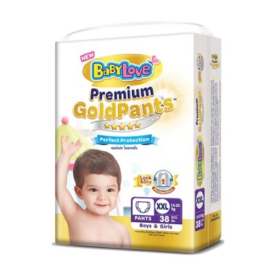 เบบี้เลิฟ พรีเมี่ยม โกลด์ แพ้นส์ กางเกงผ้าอ้อม ขนาด XXL 15-25 กก. 38 ชิ้น (BabyLove Premium Gold Pants Diapers Size XXL 15-25kg 38pcs)