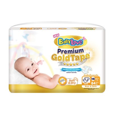 เบบี้เลิฟ พรีเมี่ยม โกลด์ เทป ผ้าอ้อมแบบเทป ขนาด NB เด็กแรกเกิด-5 กก. 84 ชิ้น (BabyLove Premium Gold Tape Diapers Size NB New Born-5kg 84pcs)