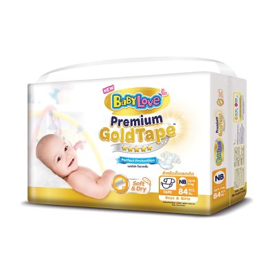 เบบี้เลิฟ พรีเมี่ยม โกลด์ เทป ผ้าอ้อมแบบเทป ขนาด NB เด็กแรกเกิด-5 กก. 84 ชิ้น (BabyLove Premium Gold Tape Diapers Size NB New Born-5kg 84pcs)