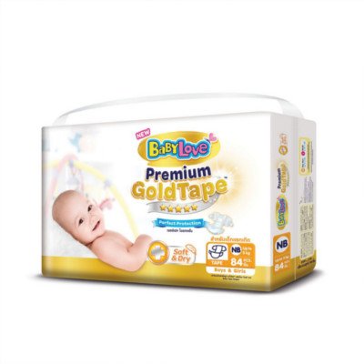 เบบี้เลิฟ พรีเมี่ยม โกลด์ เทป ผ้าอ้อมแบบเทป ขนาด NB เด็กแรกเกิด-5 กก. 84 ชิ้น (BabyLove Premium Gold Tape Diapers Size NB New Born-5kg 84pcs)
