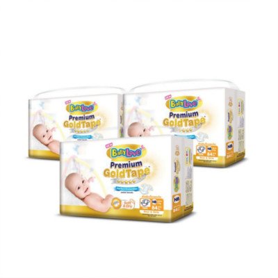 เบบี้เลิฟ พรีเมี่ยม โกลด์ เทป ผ้าอ้อมแบบเทป ขนาด NB เด็กแรกเกิด-5 กก. 84 ชิ้น (BabyLove Premium Gold Tape Diapers Size NB New Born-5kg 84pcs)