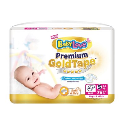 เบบี้เลิฟ พรีเมี่ยม โกลด์ เทป ผ้าอ้อมแบบเทป ขนาด S 3-7 กก. 76 ชิ้น (BabyLove Premium Gold Tape Diapers Size S 3-7kg 76pcs)