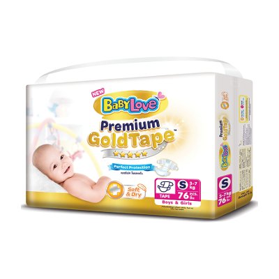 เบบี้เลิฟ พรีเมี่ยม โกลด์ เทป ผ้าอ้อมแบบเทป ขนาด S 3-7 กก. 76 ชิ้น (BabyLove Premium Gold Tape Diapers Size S 3-7kg 76pcs)
