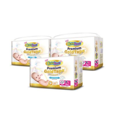 เบบี้เลิฟ พรีเมี่ยม โกลด์ เทป ผ้าอ้อมแบบเทป ขนาด S 3-7 กก. 76 ชิ้น (BabyLove Premium Gold Tape Diapers Size S 3-7kg 76pcs)