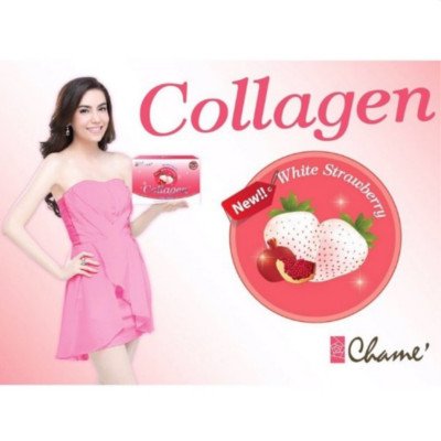 Chame' Collagen 35000mg Premium Collagen + Glutathione White Strawberry 30 pcs x 1 Box (ชาเม่คอลลาเจน 35000มก. พรีเมียมคอลลาเจน + กลูต้าไธโอนสตรอว์เบอรี่สีขาว 30 ซอง x 1 กล่อง)