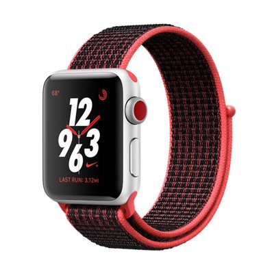 Apple Watch Series 3 Nike+ (GPS + Cellular) Silver Aluminum Case with Bright Crimson-Black Nike Sport Loop 38mm