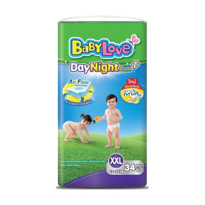 เบบี้เลิฟ เดย์ไนท์เเพนส์ กางเกงผ้าอ้อม ขนาด XXL 15-25 กก. 34 ชิ้น (BabyLove Day Night Pants Diapers Size XXL 15-25kg 34pcs)