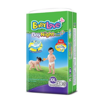 เบบี้เลิฟ เดย์ไนท์เเพนส์ กางเกงผ้าอ้อม ขนาด XXL 15-25 กก. 34 ชิ้น (BabyLove Day Night Pants Diapers Size XXL 15-25kg 34pcs)