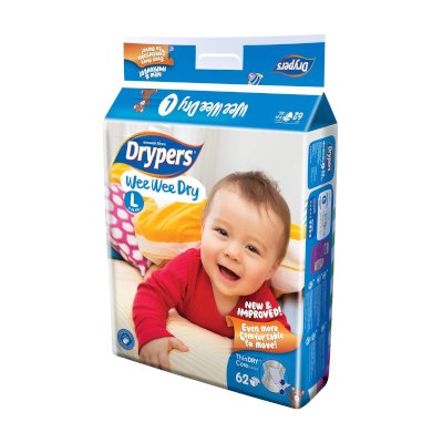 ดรายเพอร์ส ผ้าอ้อมแบบเทป ขนาด L 9-14 กก. 62 ชิ้น (Drypers Wee Wee Dry Tape Diapers Size L 9-14 62pcs)