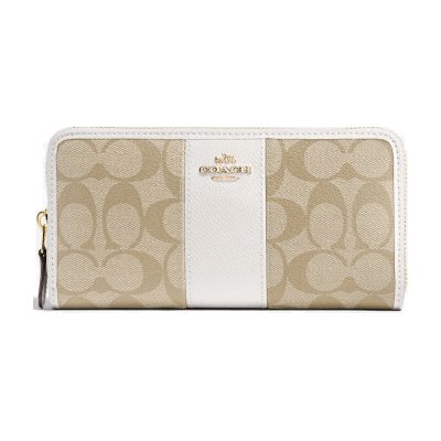 Coach F54630 Accordion Zip Wallet in Signature Coated Canvas with Leather Stripe กระเป๋าสตางค์