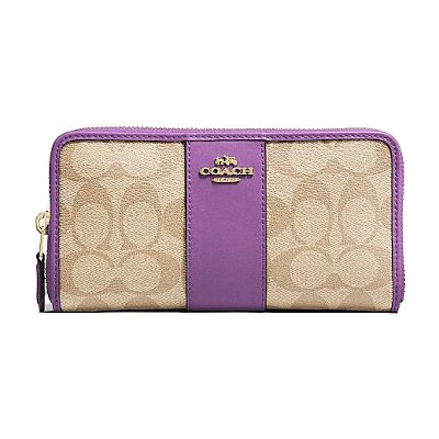 Coach F54630 Accordion Zip Wallet in Signature Coated Canvas with Leather Stripe กระเป๋าสตางค์