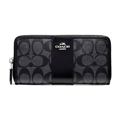 Coach F54630 Accordion Zip Wallet in Signature Coated Canvas with Leather Stripe กระเป๋าสตางค์