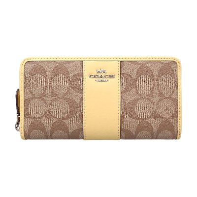 Coach F54630 Accordion Zip Wallet in Signature Coated Canvas with Leather Stripe กระเป๋าสตางค์