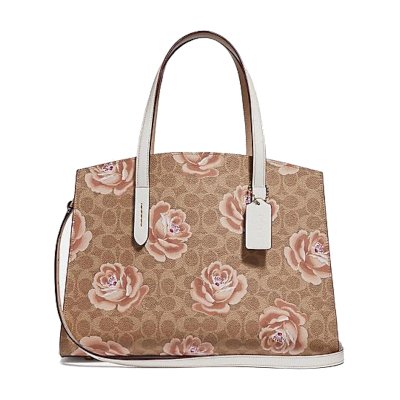 Coach 31667 Charlie Signature Rose Print Carryall Shoulder Bag Tan Chalk กระเป๋าถือ
