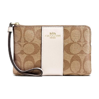 Coach F58035 Corner Zip Wristlet in Signature Coated Canvas with Leather Stripe กระเป๋าสตางค์