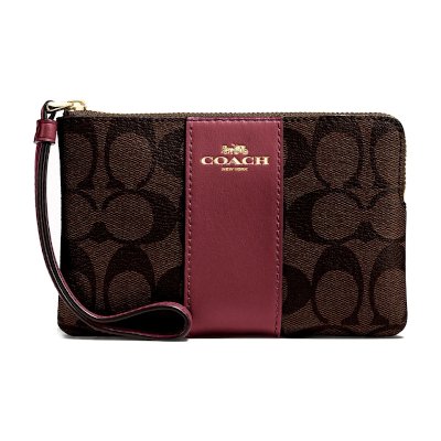 Coach F58035 Corner Zip Wristlet in Signature Coated Canvas with Leather Stripe กระเป๋าสตางค์