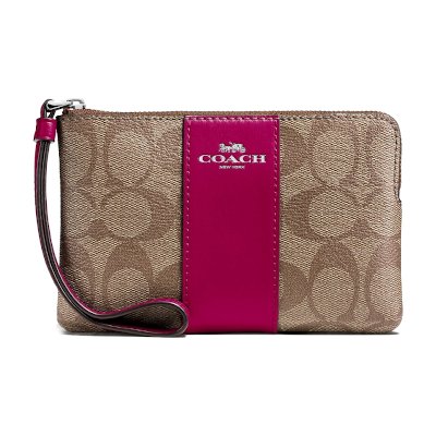 Coach F58035 Corner Zip Wristlet in Signature Coated Canvas with Leather Stripe กระเป๋าสตางค์