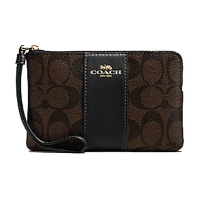 Coach F58035 Corner Zip Wristlet in Signature Coated Canvas with Leather Stripe กระเป๋าสตางค์