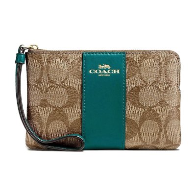 Coach F58035 Corner Zip Wristlet in Signature Coated Canvas with Leather Stripe กระเป๋าสตางค์
