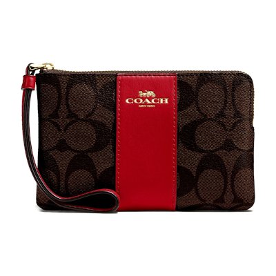 Coach F58035 Corner Zip Wristlet in Signature Coated Canvas with Leather Stripe กระเป๋าสตางค์
