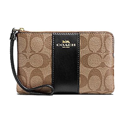 Coach F58035 Corner Zip Wristlet in Signature Coated Canvas with Leather Stripe กระเป๋าสตางค์