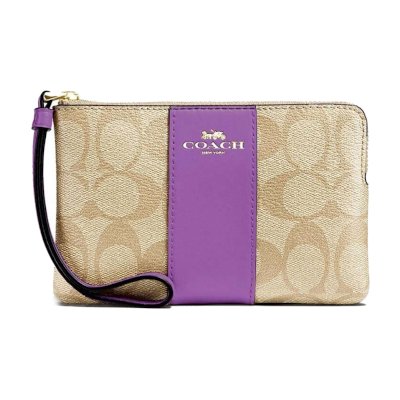 Coach F58035 Corner Zip Wristlet in Signature Coated Canvas with Leather Stripe กระเป๋าสตางค์