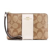 ราคา Coach F58035 Corner Zip Wristlet in Signature Coated Canvas with Leather Stripe กระเป๋าสตางค์