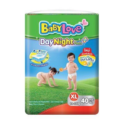 เบบี้เลิฟ เดย์ไนท์เเพนส์ พลัส กางเกงผ้าอ้อม ขนาด XL 12-17 กก. 40 ชิ้น (BabyLove Day Night Pants Plus Diapers Size XL 12-17kg 40pcs)
