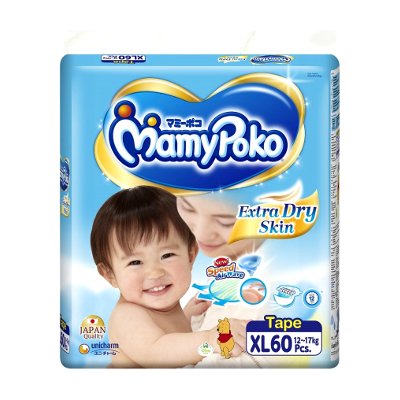 มามี่โพโค ผ้าอ้อมแบบเทป ขนาด XL 12-17 กก. 60 ชิ้น (MamyPoko Extra Dry Skin Tape Diapers Size XL 12-17kg 60pcs)