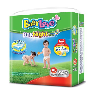 เบบี้เลิฟ เดย์ไนท์เเพนส์ พลัส กางเกงผ้าอ้อม ขนาด XL 12-17 กก. 54 ชิ้น (BabyLove Day Night Pants Plus Diapers Size XL 12-17kg 54pcs)