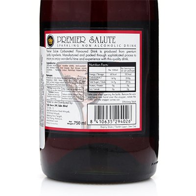 พรีเมียร์ ซาลูท น้ำรสองุ่นแดง 10% อัดก๊าซ 750มล. (Premier Salute Red Grape Carbonated Flavoured Drink 750ml)