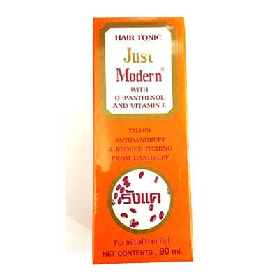 จัสท์โมเดอร์น แฮร์โทนิค สูตรผสมดี-แพนธีนอลและวิตามินอี สีเหลือง ขจัดรังแคลดอาการคันศีรษะ 90มล. (Just Modern D-Panthenol And Vitamin E Formula Yellow Antidandruff & Reduce Itching Hair Tonic 90ml)