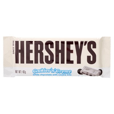 เฮอร์ชีส์ ช็อกโกแลตสีขาว ผสมคุกกี้รสช็อกโกแลต 40กรัม (Hershey's Cookies 'n' Cream White Chocolate With Cookie Bits 40g)