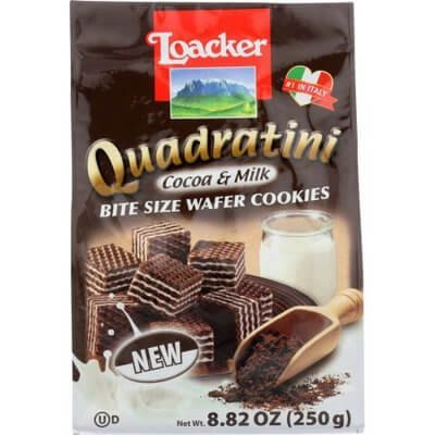 ล็อคเกอร์ ควอดราตินี เวเฟอร์ชิ้นเล็กสอดไส้ครีมดาร์กช็อกโกแลต 250กรัม (Loacker Quadratini Dark Chocolate Flavour Bite Size Wafer Cookies 250g)
