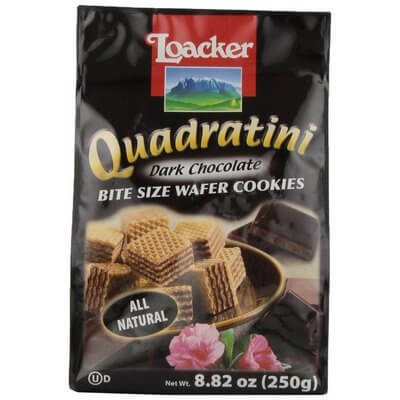 ล็อคเกอร์ ควอดราตินี เวเฟอร์ชิ้นเล็กสอดไส้ครีมดาร์กช็อกโกแลต 250กรัม (Loacker Quadratini Dark Chocolate Flavour Bite Size Wafer Cookies 250g)