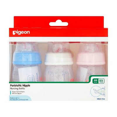 พีเจ้น ขวดนมเสมือนการให้นมมารดา แบบมินิ 2 ออนซ์ จุกขนาด S แพ็ค 3 ขวด (Pigeon Peristaltic Nipple Bottle PP Nipple Size S BPA Free 0-3 months 2oz)