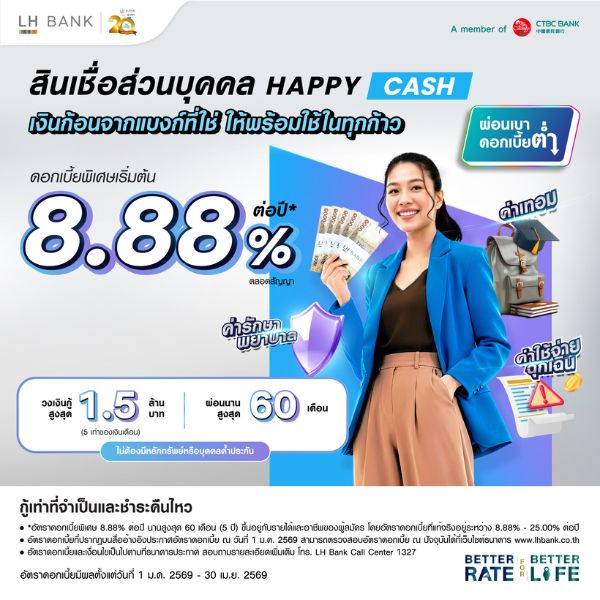 ราคา สินเชื่อส่วนบุคคล Happy Cash สำหรับพนักงานประจำรายได้ 30,000 บาทขึ้นไป รับวงเงินกู้สูงสุด 5 เท่าของรายได้ ผ่อนสูงสุด 60 เดือน