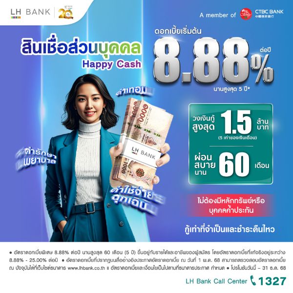 ราคา สินเชื่อส่วนบุคคล Happy Cash สำหรับพนักงานประจำรายได้ 30,000 บาทขึ้นไป รับวงเงินกู้สูงสุด 5 เท่าของรายได้ ผ่อนสูงสุด 60 เดือน